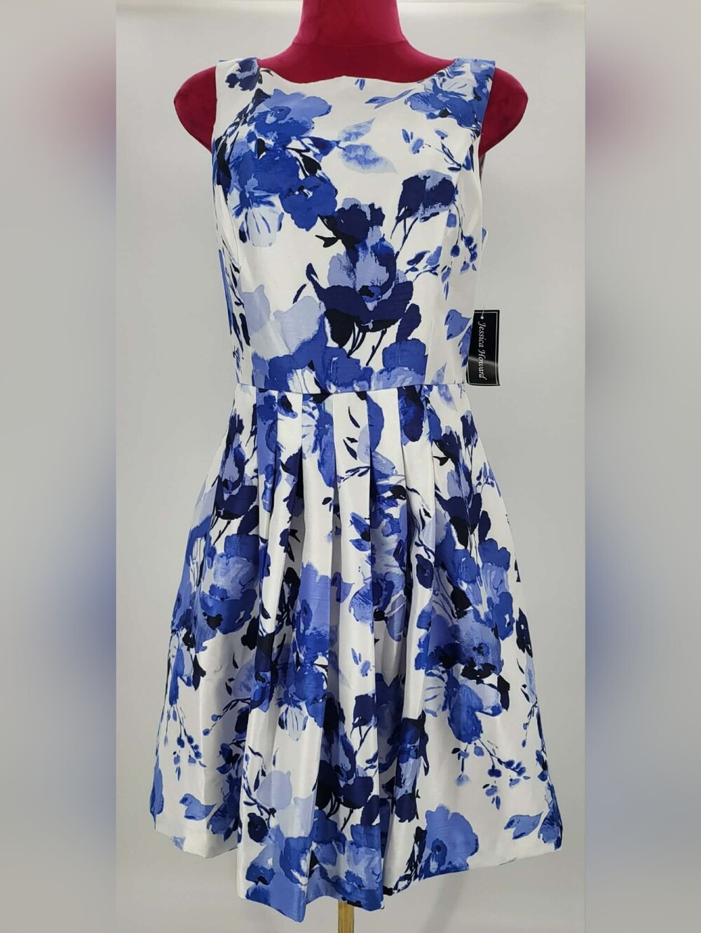 Jessica Howard Sleeveless Fit & Flare Dress Floral Blue White Square Neck 14